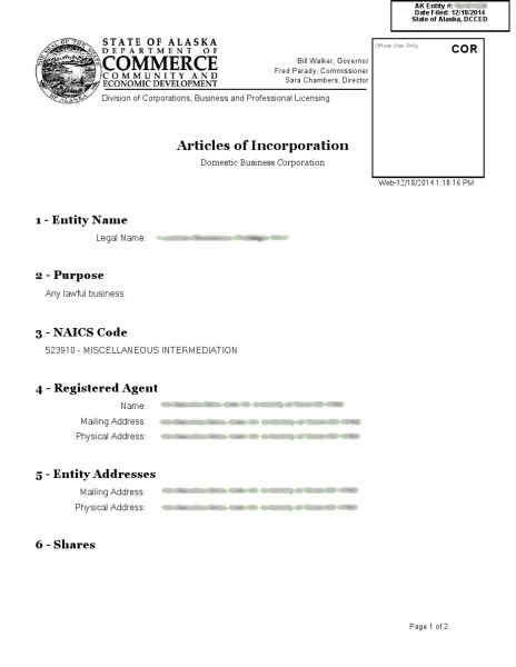 Articles of Incorporation 1st page