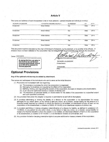Articles of Incorporation 2nd page