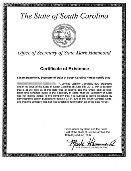 Certificate of Existence