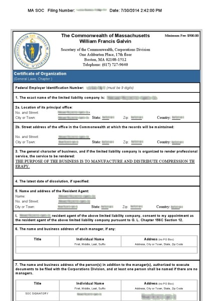 Certificate of Organization 1st page
