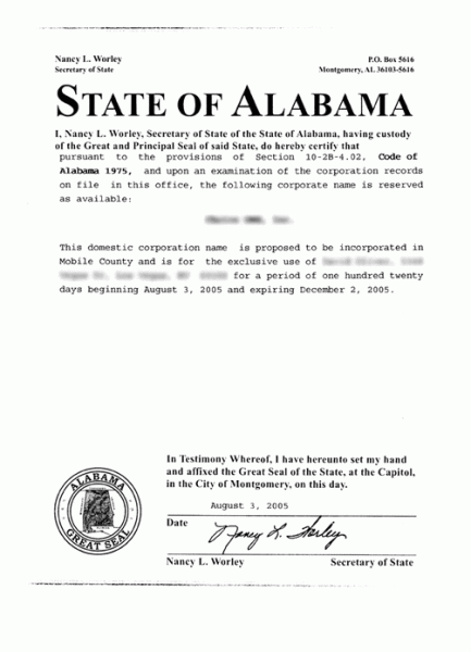 Alabama Name Reservation