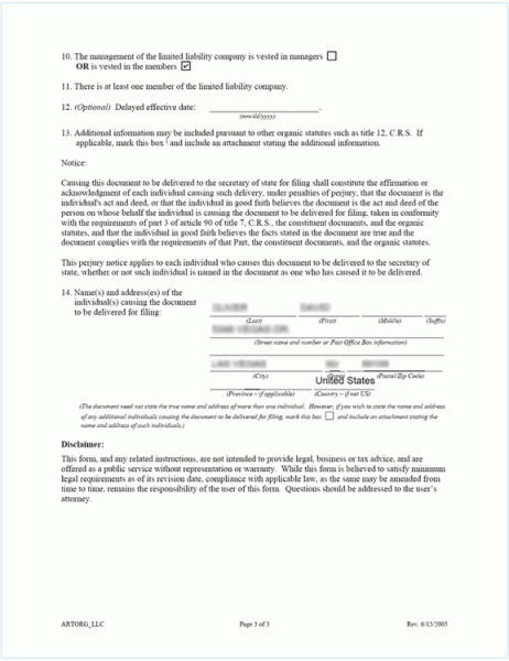 Electronic Articles of Organization For Colorado Limited Liability Company (3rd page)
