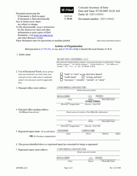 Electronic Articles of Organization For Colorado Limited Liability Company (1st page)