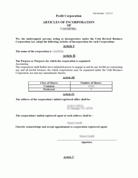 Electronic Articles of Organization For Utah Corporation (1st page)
