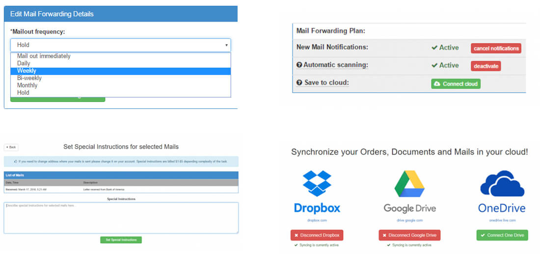 screenshot from our online mail forwarding interface