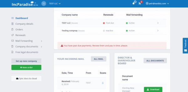 IncParadise Client Zone – Dashboard